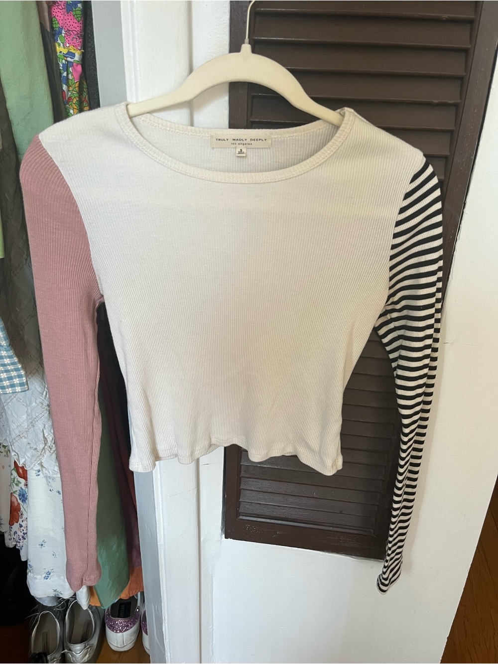 Truly Madly Deeply White Top with Pink and Black-White Striped Sleeves